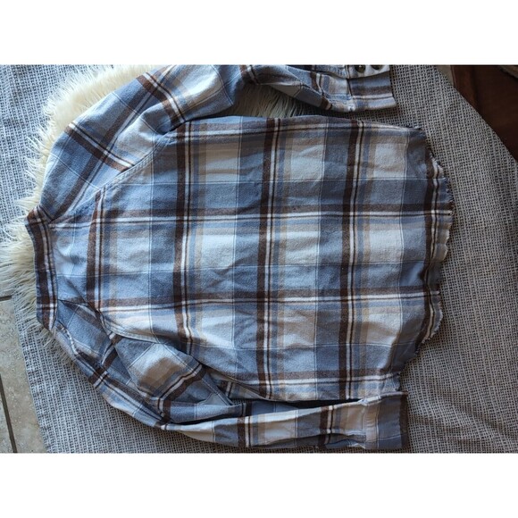 Blu Pepper Women's L Blue White Plaid Button-Up Long Sleeve Collarless Frayed - Picture 11 of 12